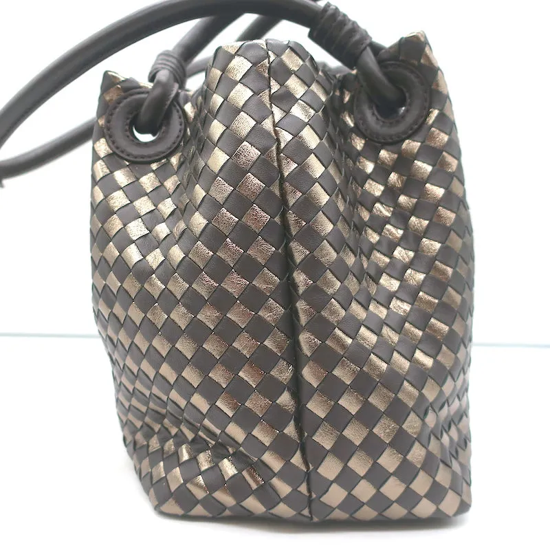 Bottega Giotti Woven Medium Shoulder Bag Gold Metallic & Brown Leather NEW