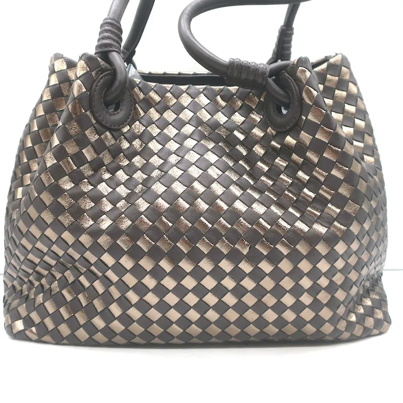 Bottega Giotti Woven Medium Shoulder Bag Gold Metallic & Brown Leather NEW
