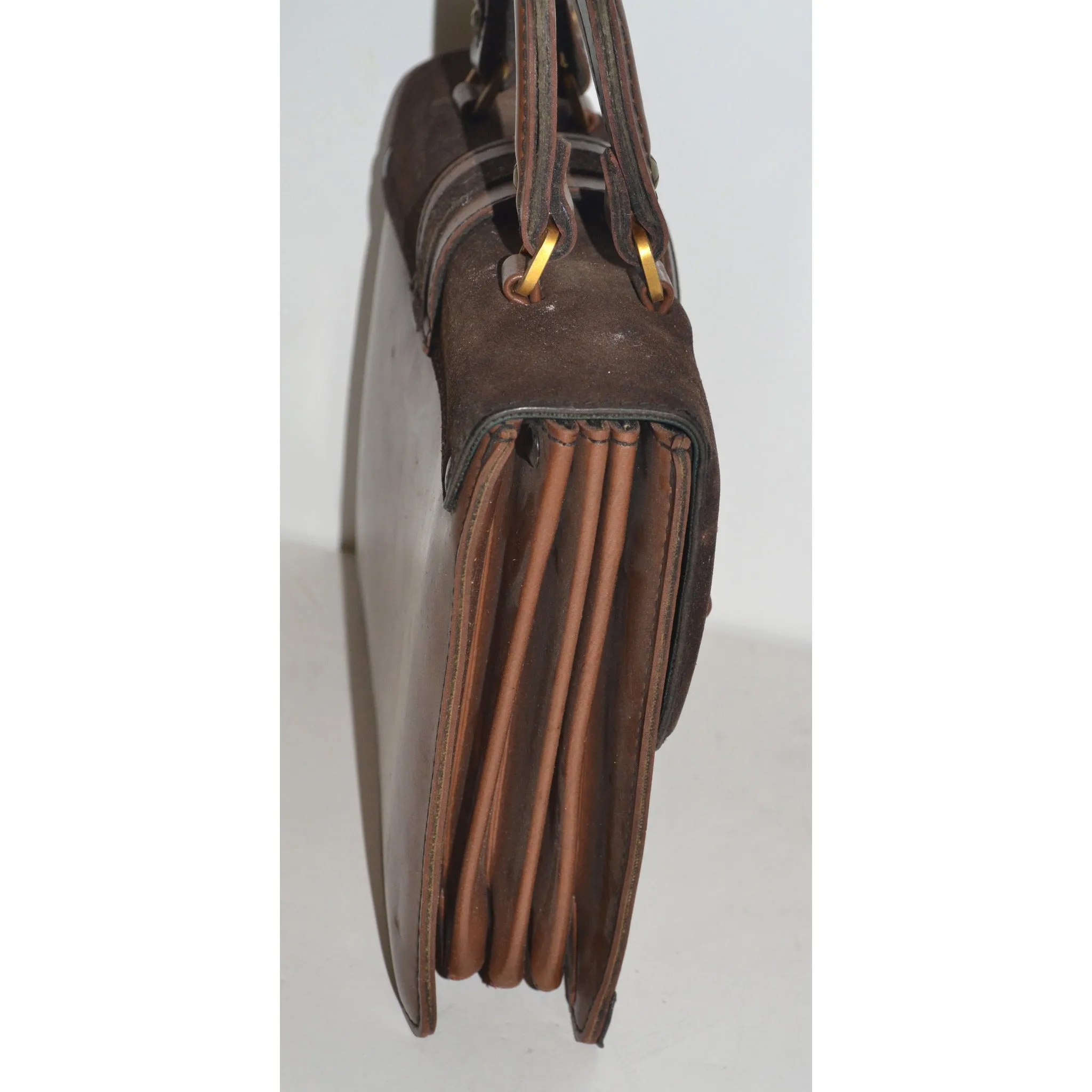 Brown Suede Trimmed Expandable Purse