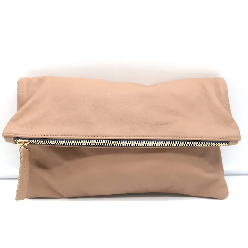 Clare V. Foldover Clutch Bag Beige Leather