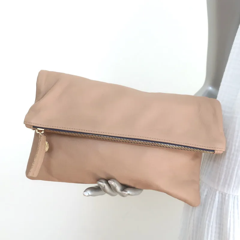 Clare V. Foldover Clutch Bag Beige Leather