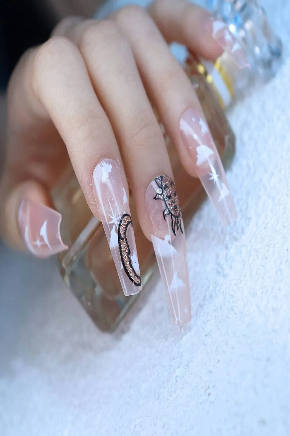 Clear Press On Nails Sun And Moon Glossy Coffin Cloud Nail Kit
