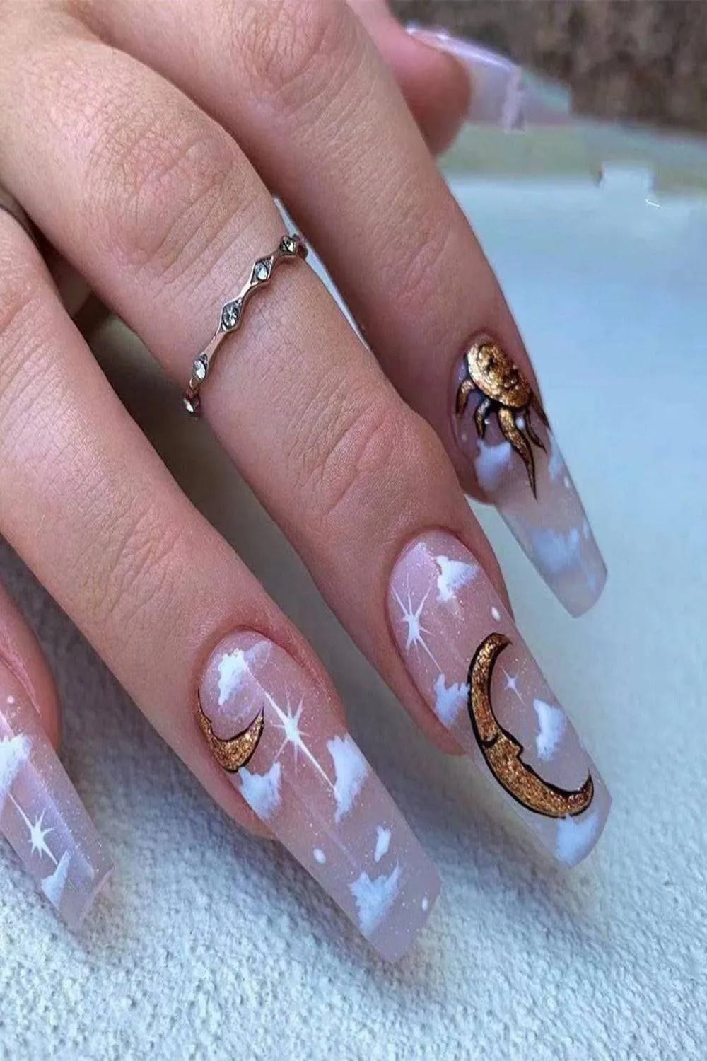Clear Press On Nails Sun And Moon Glossy Coffin Cloud Nail Kit
