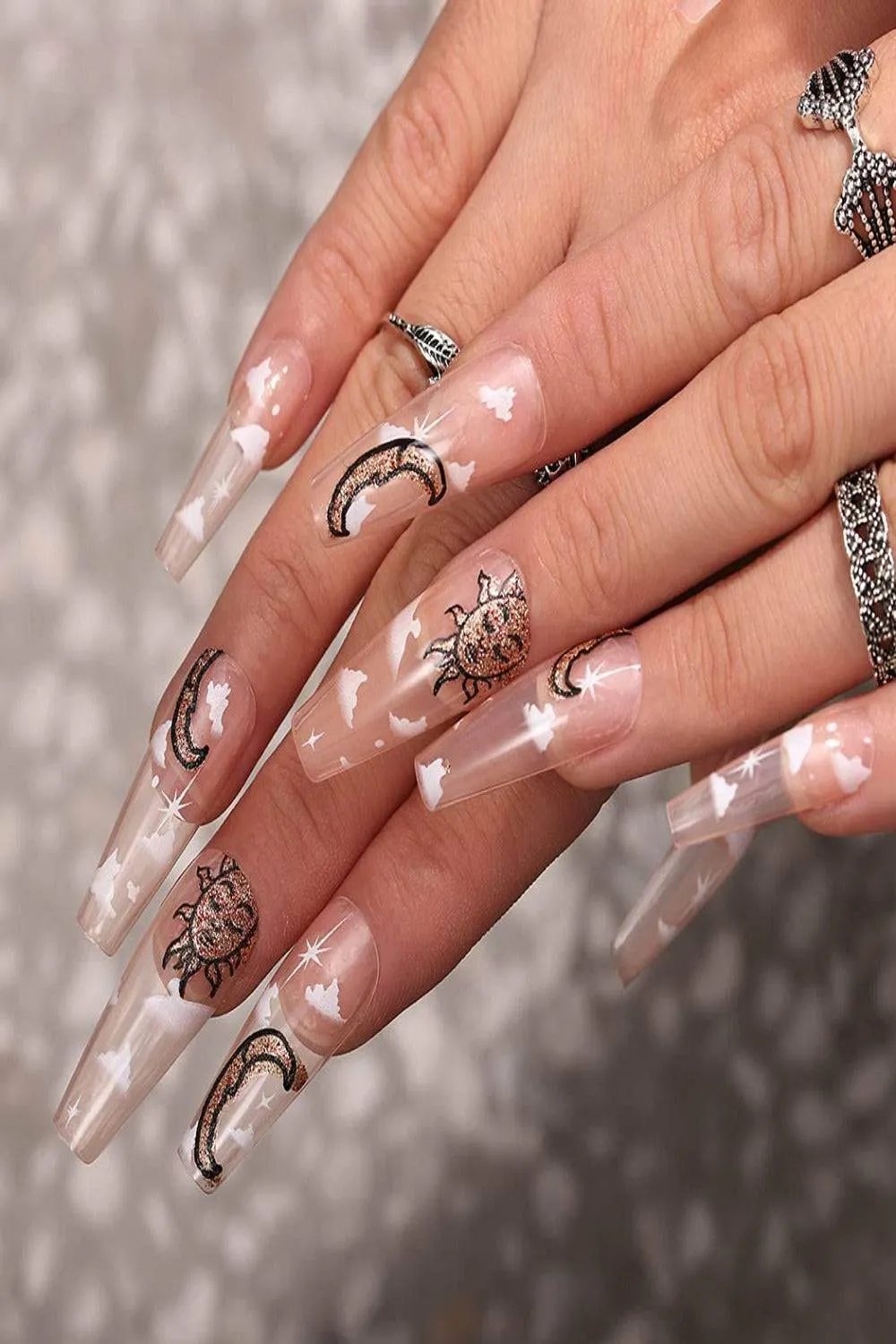Clear Press On Nails Sun And Moon Glossy Coffin Cloud Nail Kit