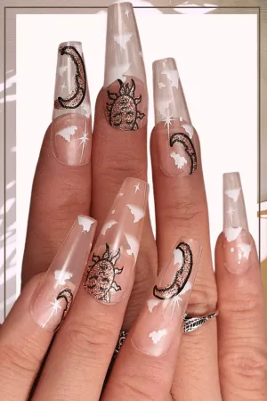 Clear Press On Nails Sun And Moon Glossy Coffin Cloud Nail Kit