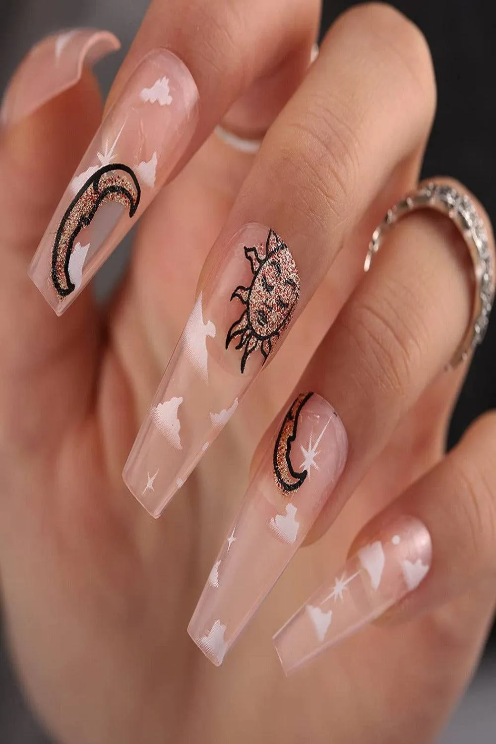 Clear Press On Nails Sun And Moon Glossy Coffin Cloud Nail Kit