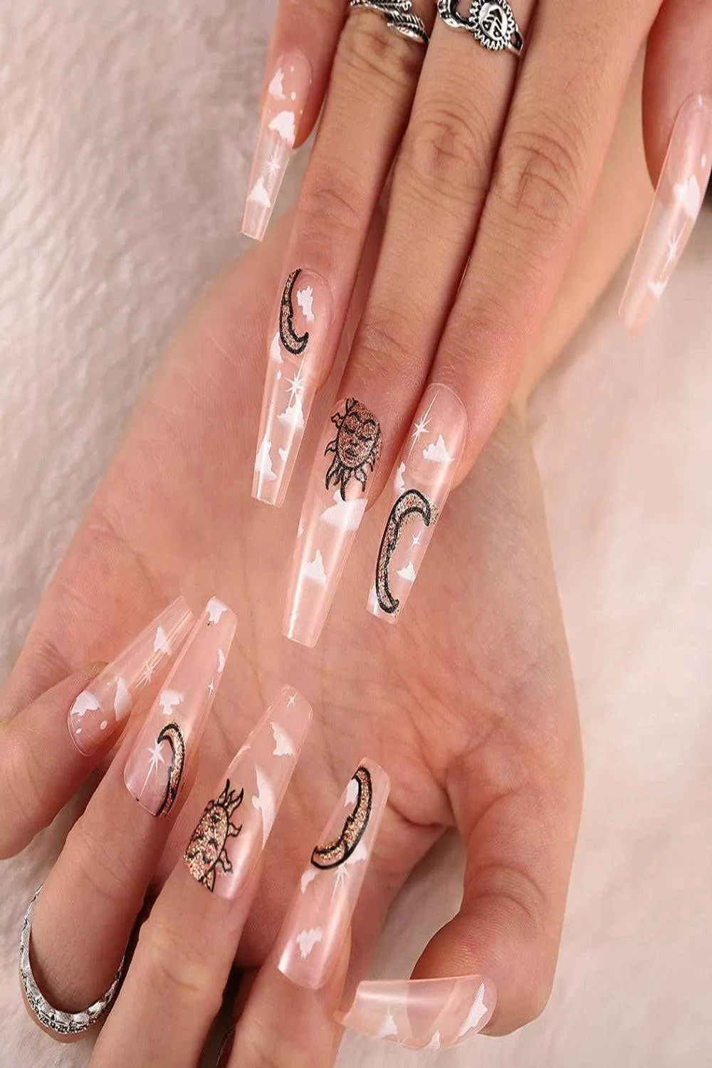 Clear Press On Nails Sun And Moon Glossy Coffin Cloud Nail Kit
