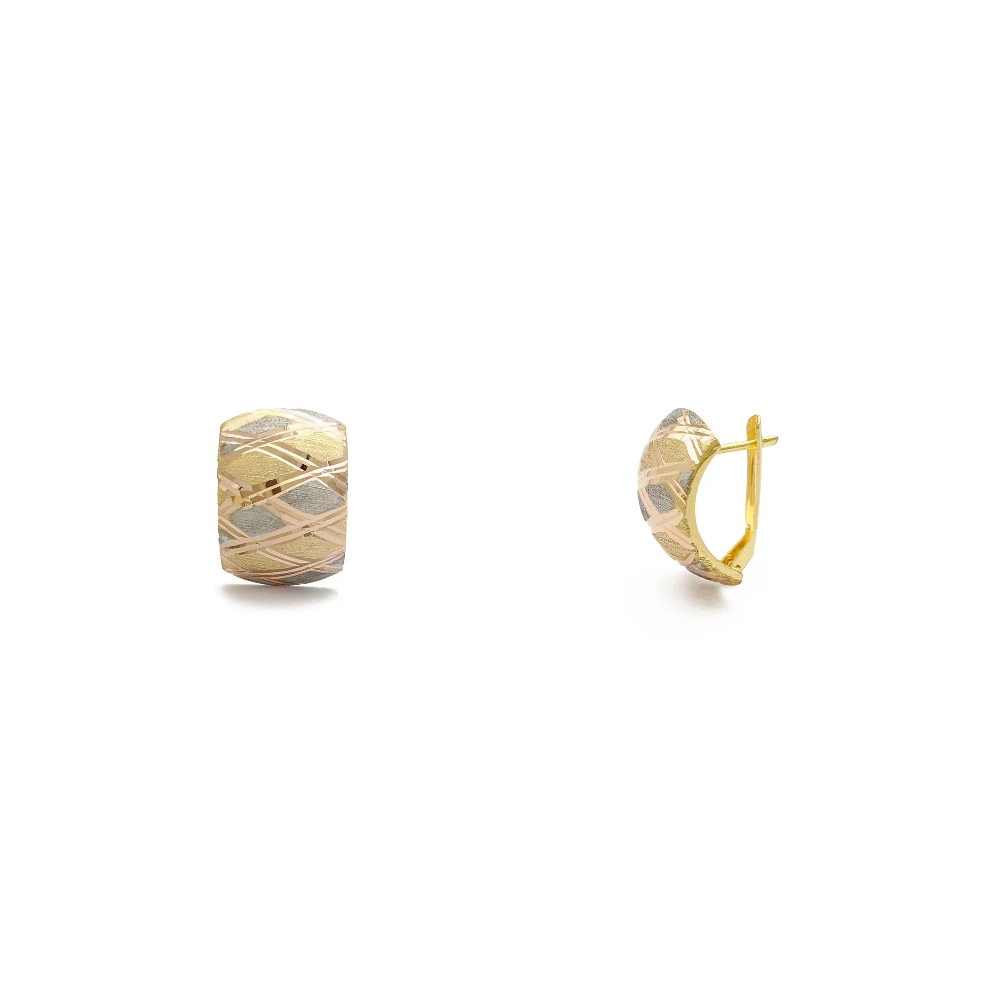 Crossed Pattern Tri-Color Huggie Earrings (14K)