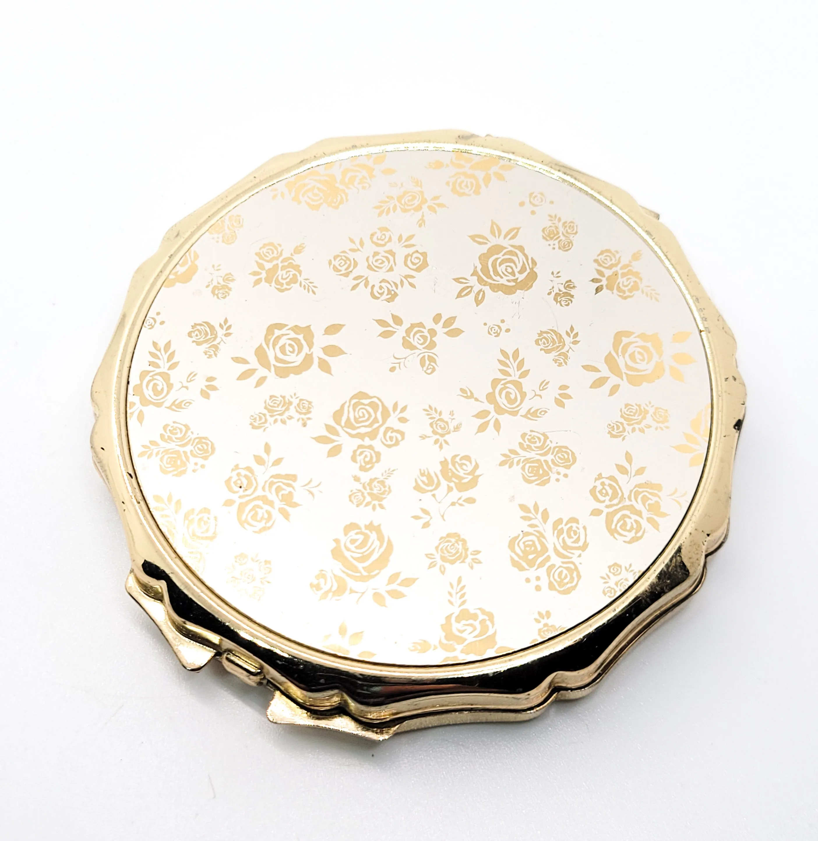 Dancing roses gold toned champagne Made in Japan vintage powder compact mirror