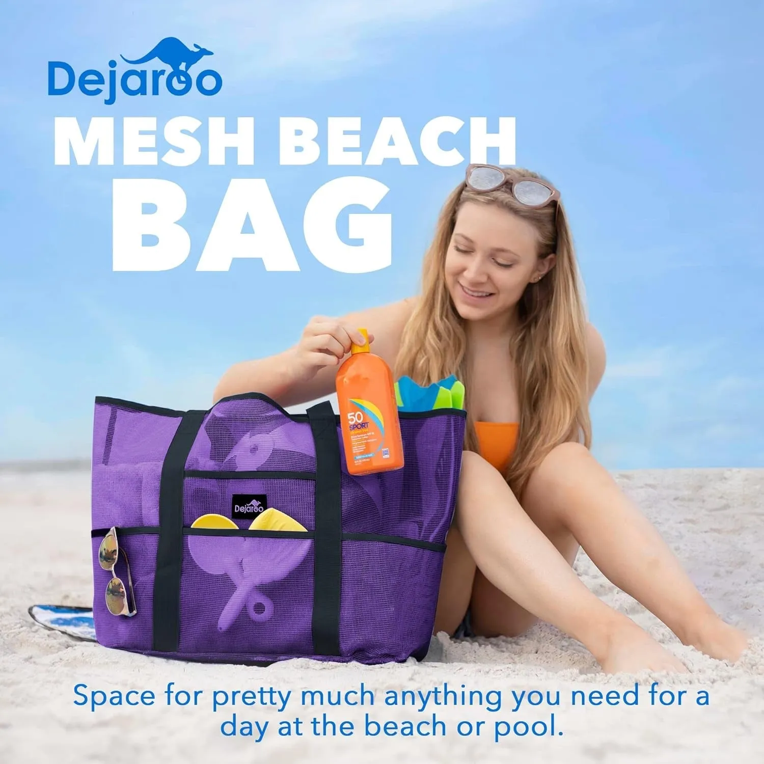 Dejaroo Mesh Beach Tote – Sand-Free, Oversized, 8 Pockets, Washable