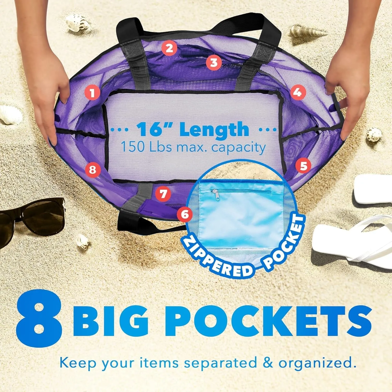 Dejaroo Mesh Beach Tote – Sand-Free, Oversized, 8 Pockets, Washable