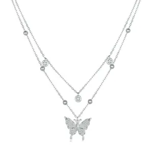 Double-layer Tassel Butterfly Pendant Necklace with Diamond