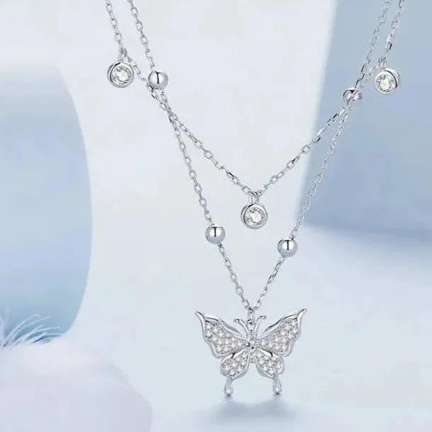 Double-layer Tassel Butterfly Pendant Necklace with Diamond