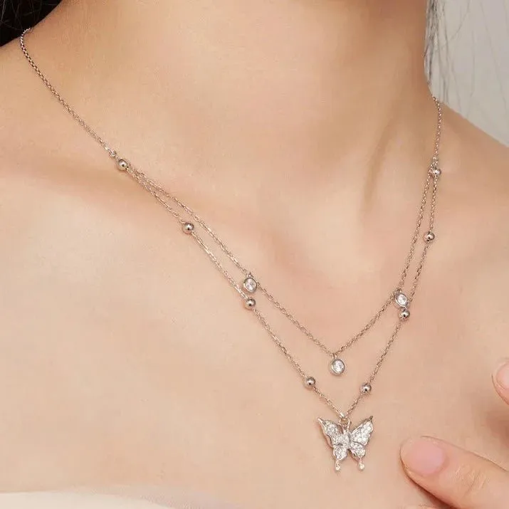 Double-layer Tassel Butterfly Pendant Necklace with Diamond