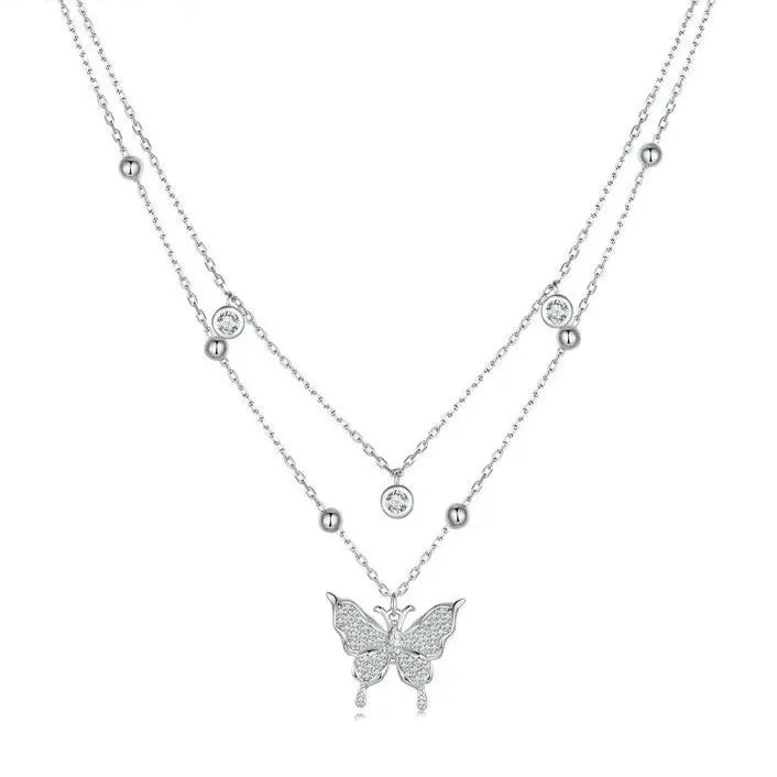 Double-layer Tassel Butterfly Pendant Necklace with Diamond