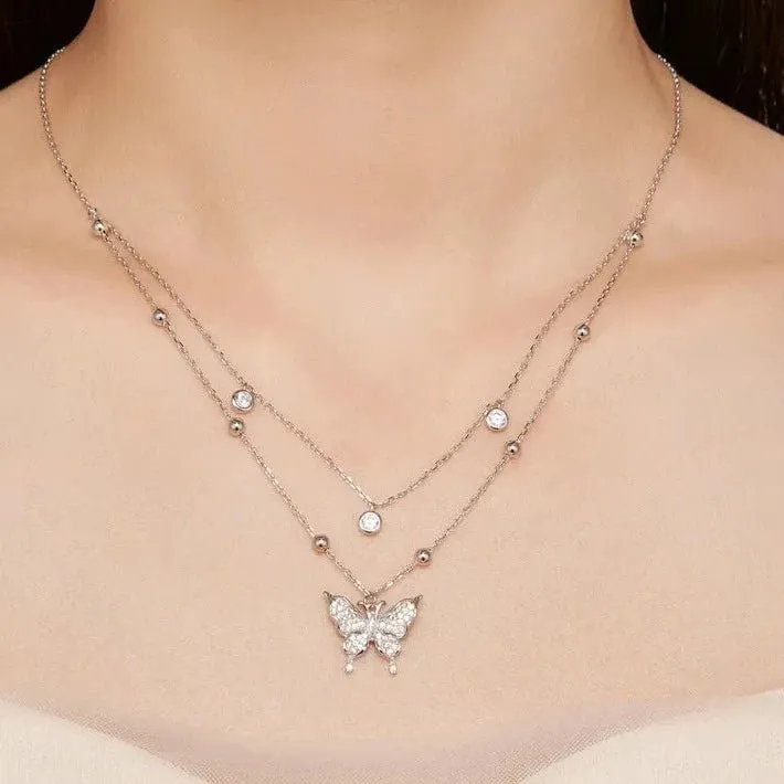 Double-layer Tassel Butterfly Pendant Necklace with Diamond