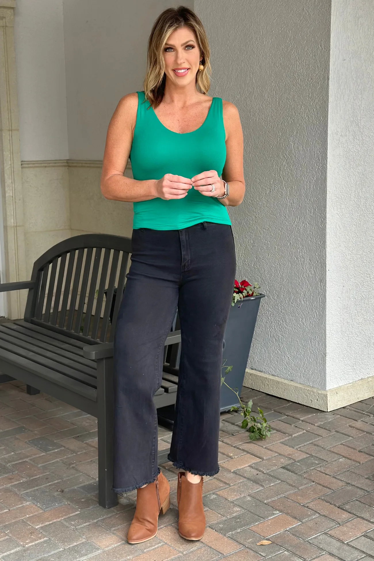Double Take Acid Washed Frayed Hem Pants-Black