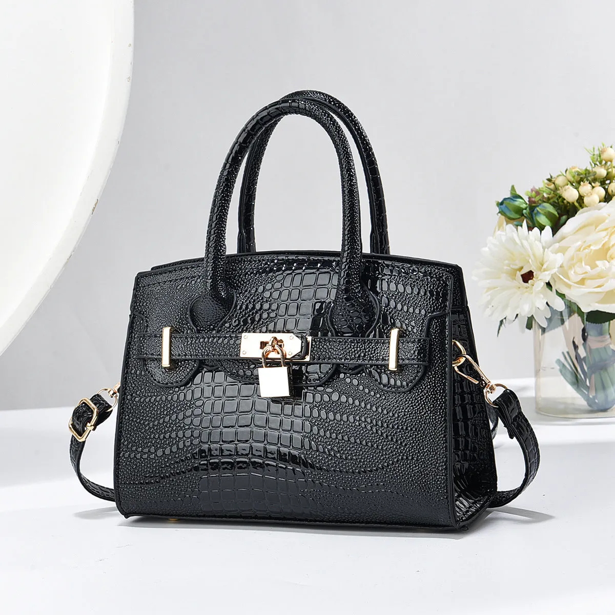 Durable Bright Leather Stone Pattern Alligator Handbags