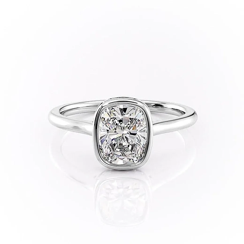 Elongated Cushion Cut Rubover Moissanite With Hidden Halo