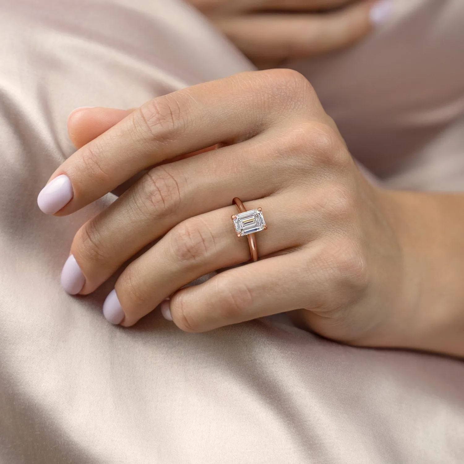 Emerald Cut Moissanite Ring, Hidden Halo