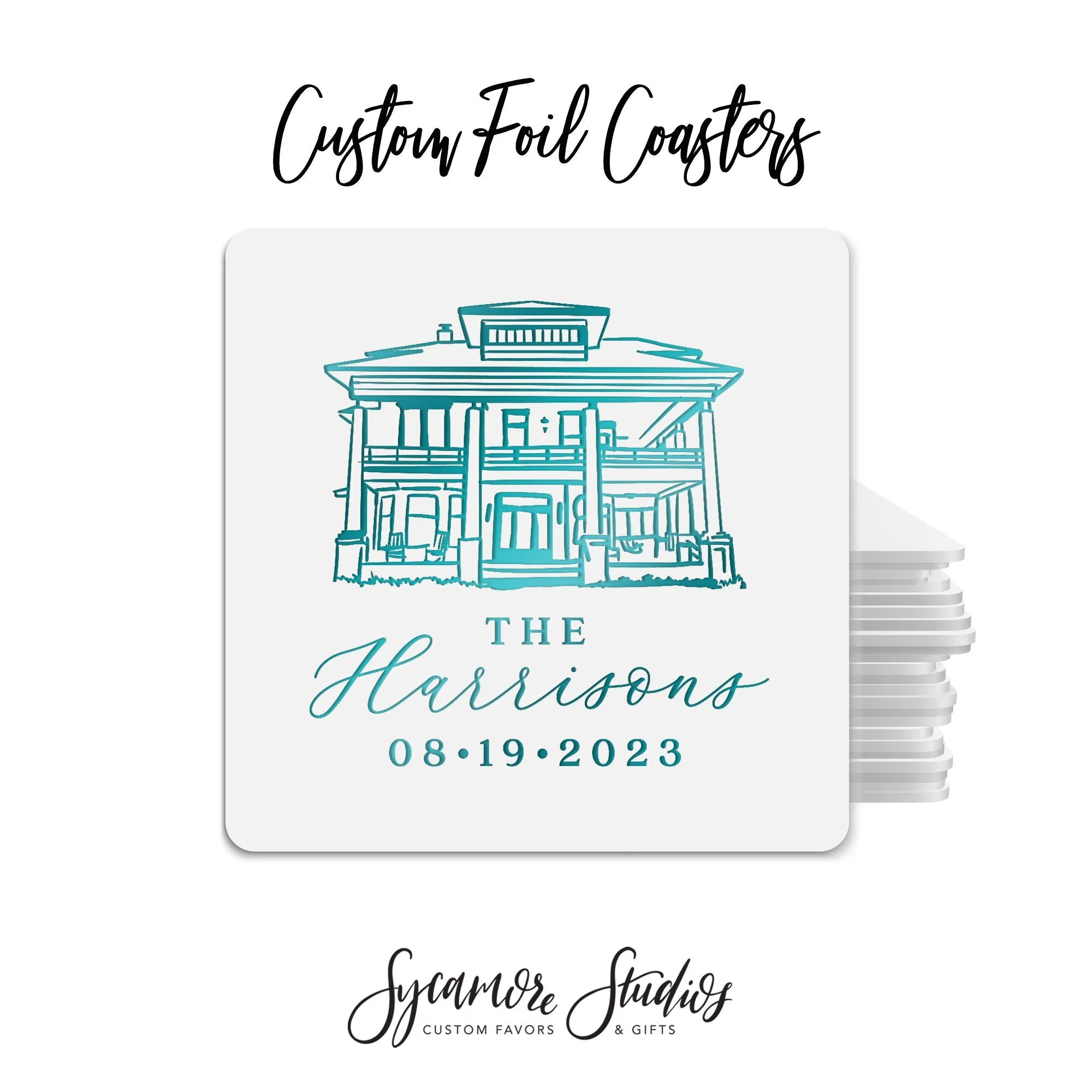 Foiled Wedding Coaster #49 - Custom Venue Illustration