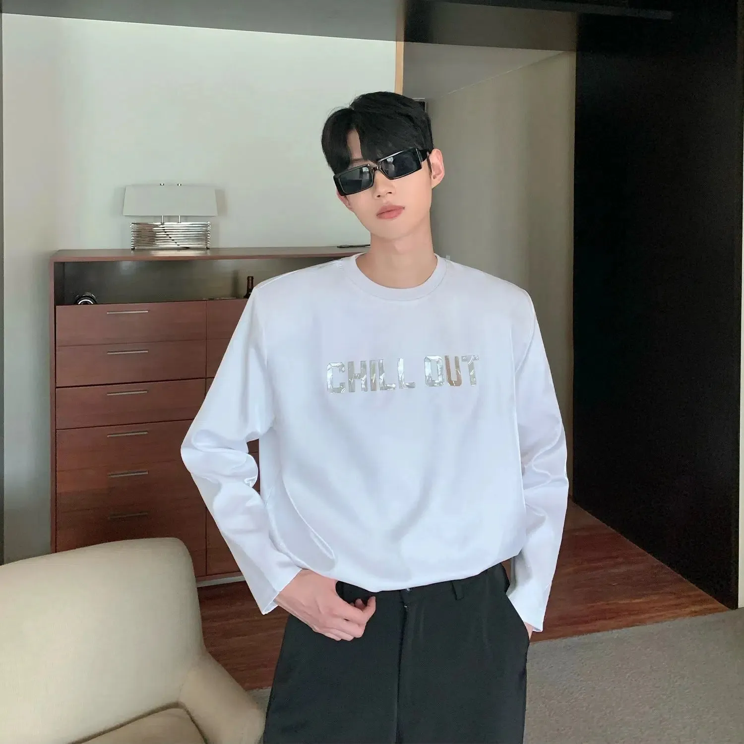 Glossy Silver Letter Pullover with Shoulder Pads