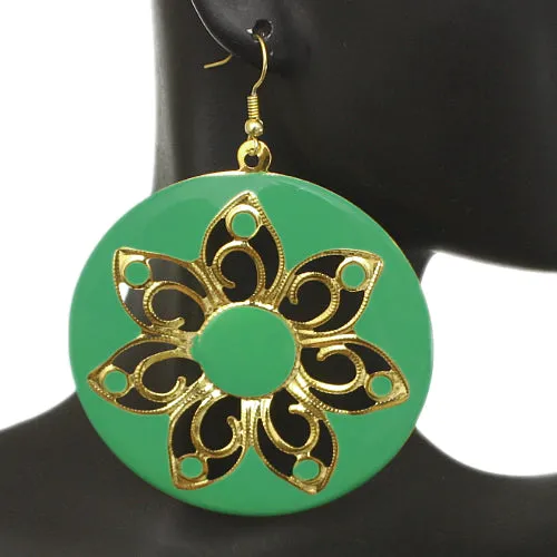 Green Glossy Floral Dangle Earrings