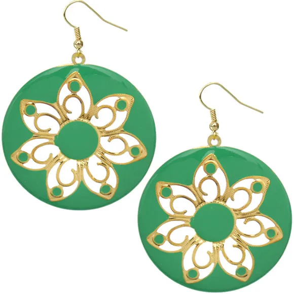 Green Glossy Floral Dangle Earrings
