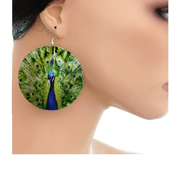 Green Glossy Spotted Glossy Peacock Earrings