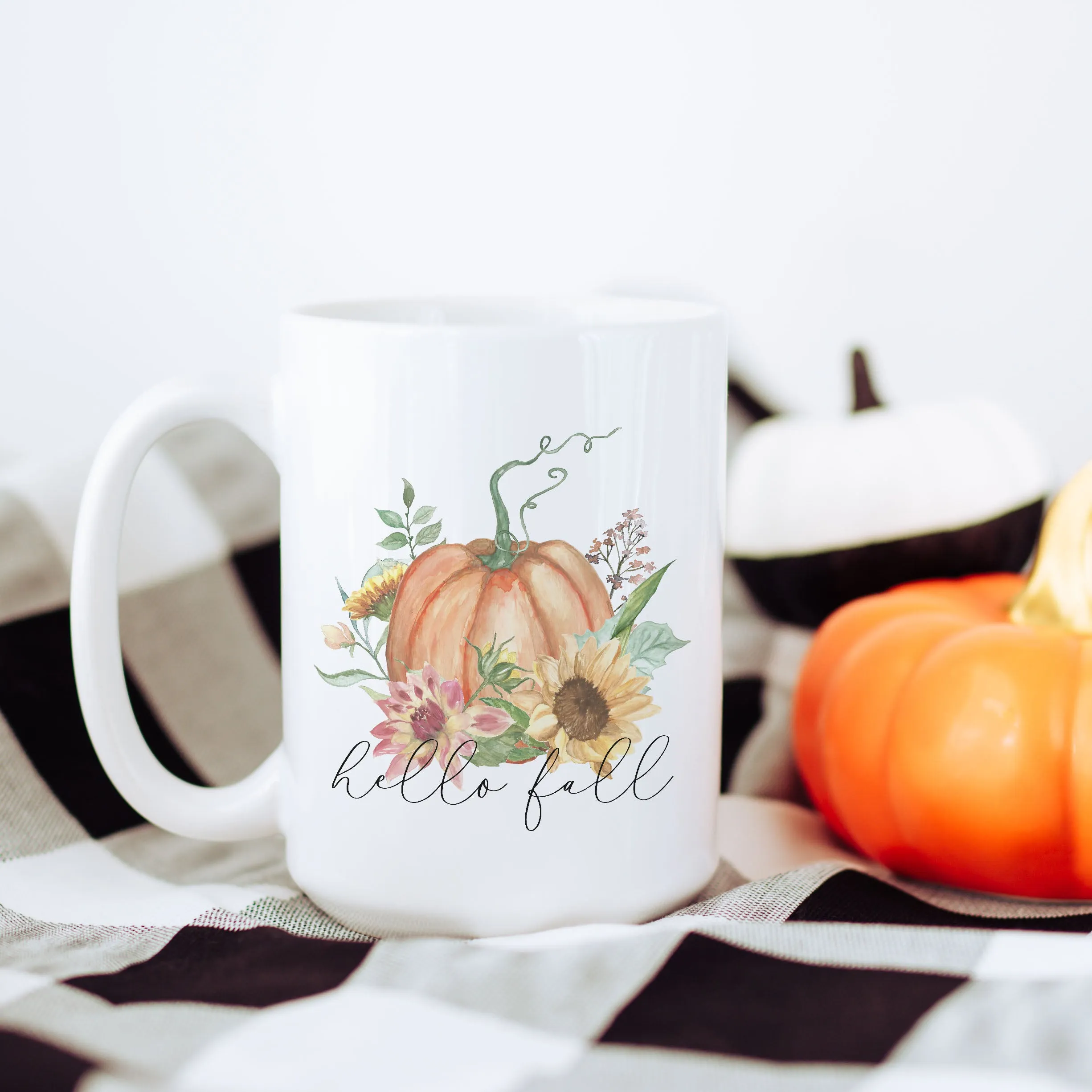Hello Fall Floral Pumpkin Fall Ceramic Mug