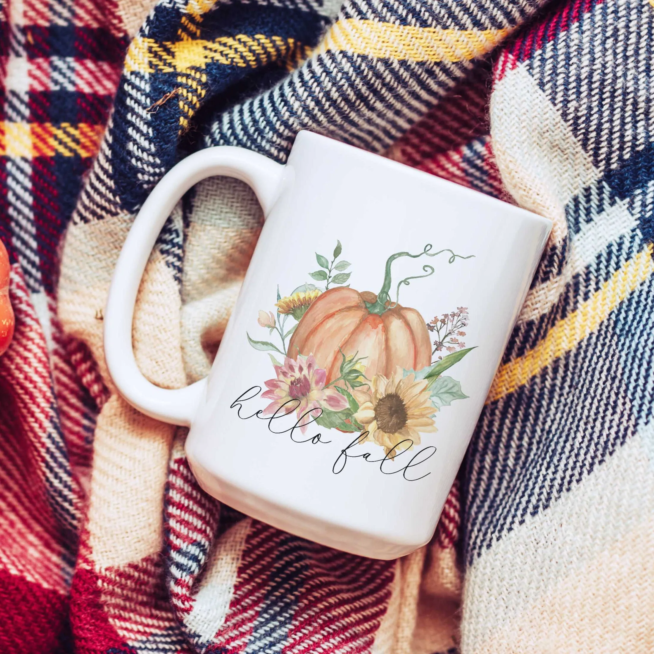 Hello Fall Floral Pumpkin Fall Ceramic Mug