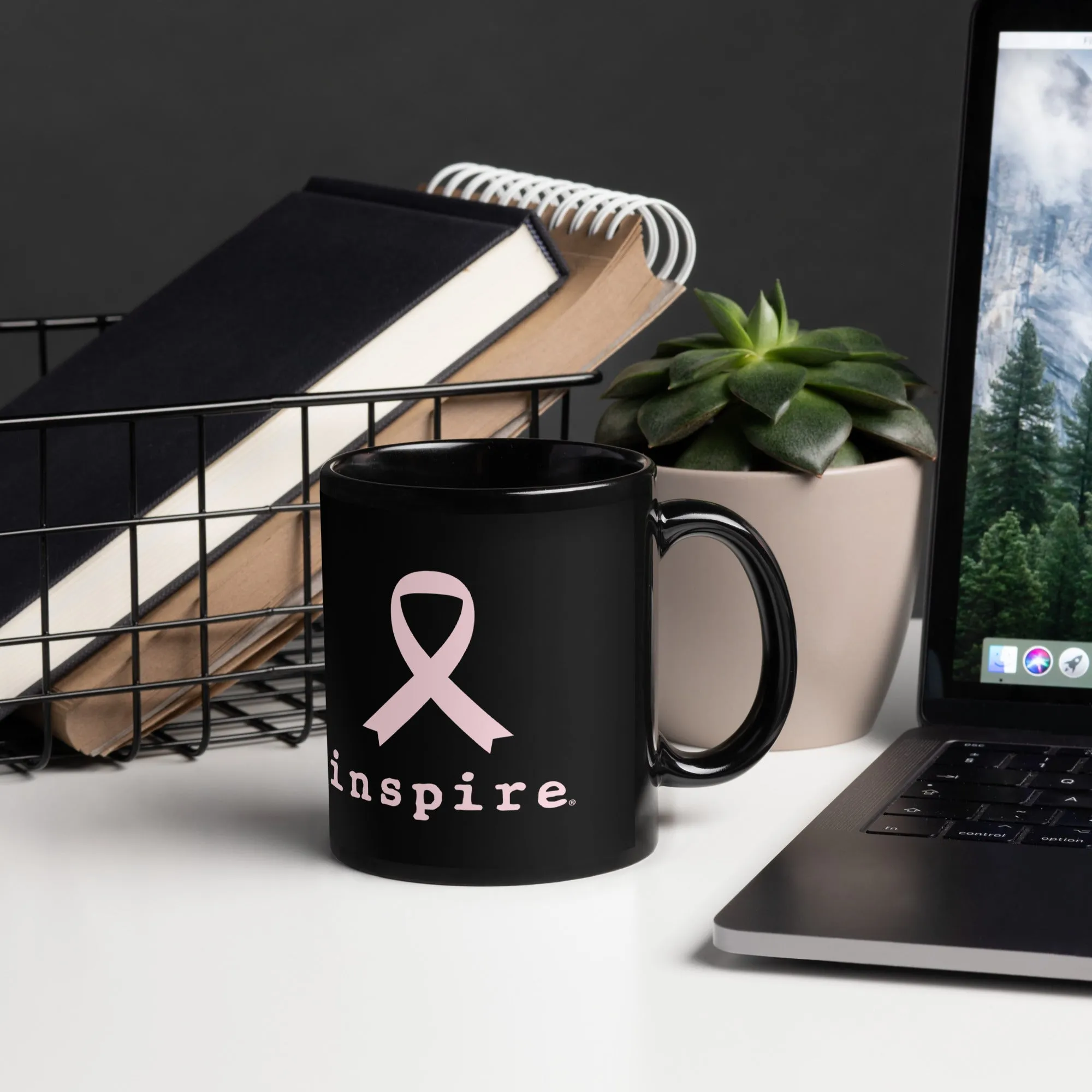 inspire Breast Cancer Ribbon Black Glossy Mug