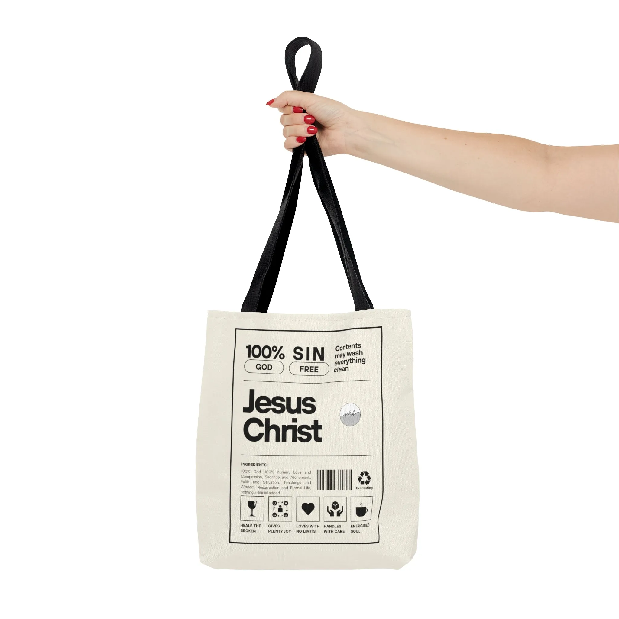 Jesus Christ Creative Canvas Tote Bag | Christian Tote Bag | Jesus is King Ingredients List Label Bible Verse Canvas Bag
