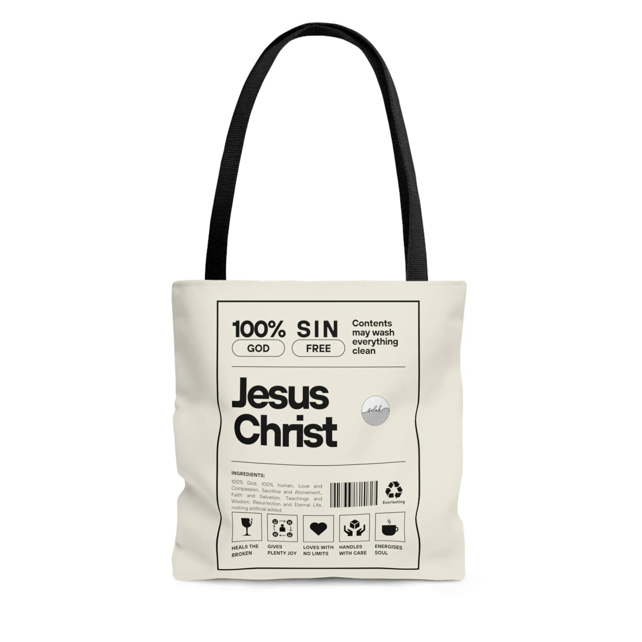 Jesus Christ Creative Canvas Tote Bag | Christian Tote Bag | Jesus is King Ingredients List Label Bible Verse Canvas Bag