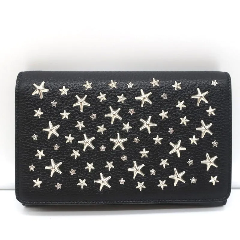 Jimmy Choo Elise Star-Studded Crossbody Bag Black Leather Small Clutch NEW
