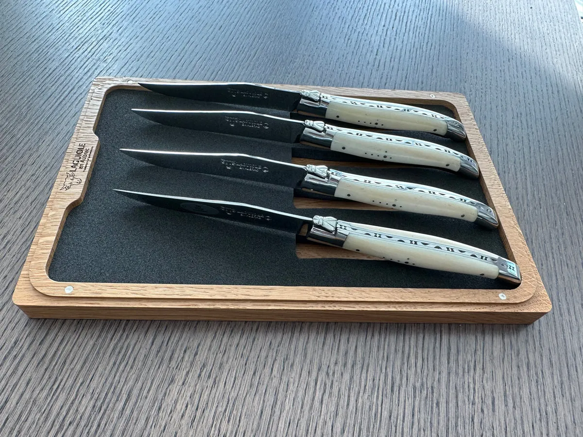 Laguiole en Aubrac Handcrafted 4-Piece Steak Knife Set with Zebu Bone Handles, Polished Bolsters