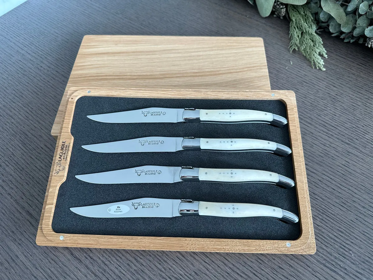 Laguiole en Aubrac Handcrafted 4-Piece Steak Knife Set with Zebu Bone Handles, Polished Bolsters