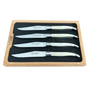 Laguiole en Aubrac Handcrafted 4-Piece Steak Knife Set with Zebu Bone Handles, Polished Bolsters