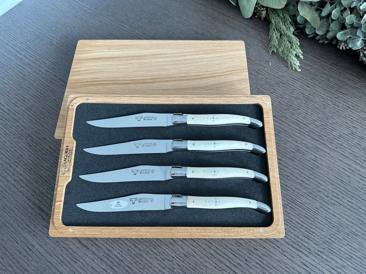 Laguiole en Aubrac Handcrafted 4-Piece Steak Knife Set with Zebu Bone Handles, Polished Bolsters