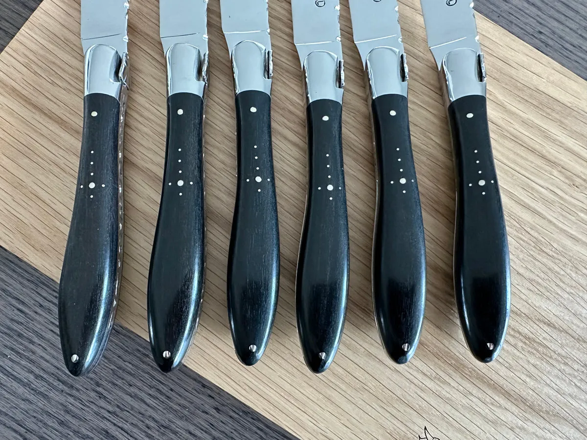 Laguiole en Aubrac Handcrafted Crocus 6-Piece Steak Knife Set With Ebony Wood Handles