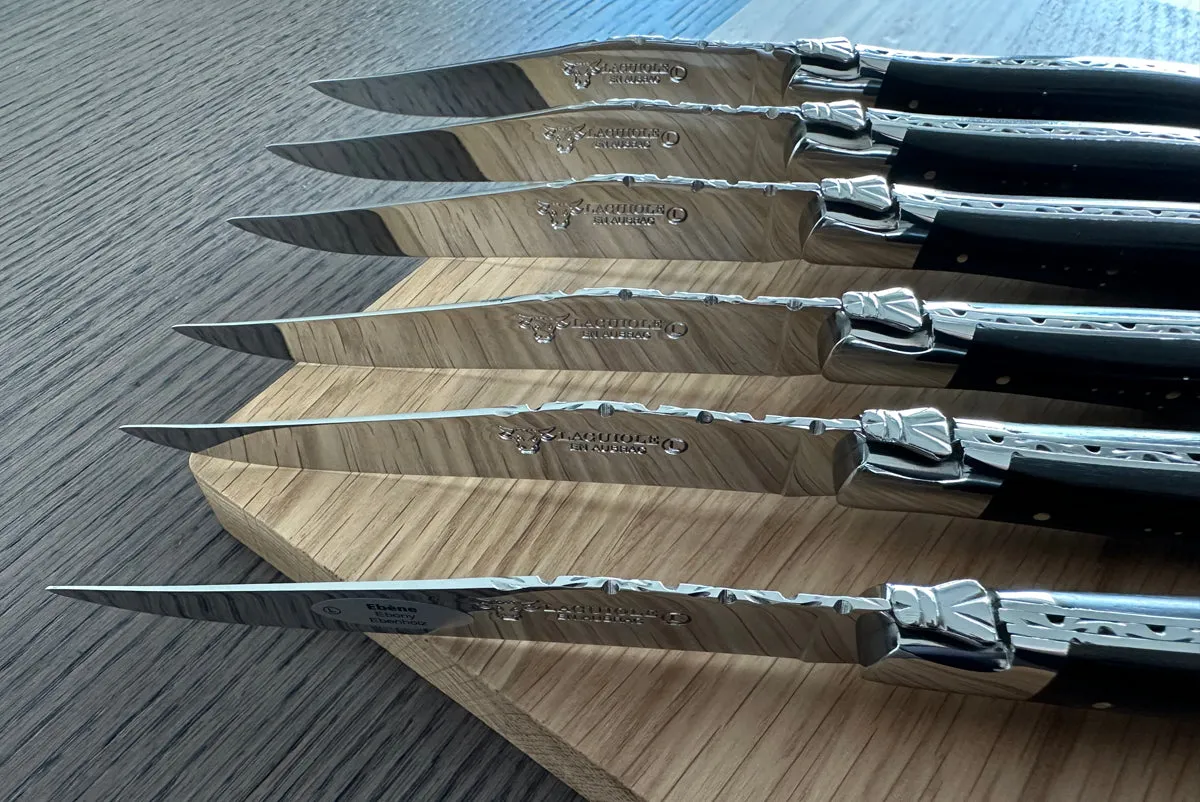 Laguiole en Aubrac Handcrafted Crocus 6-Piece Steak Knife Set With Ebony Wood Handles