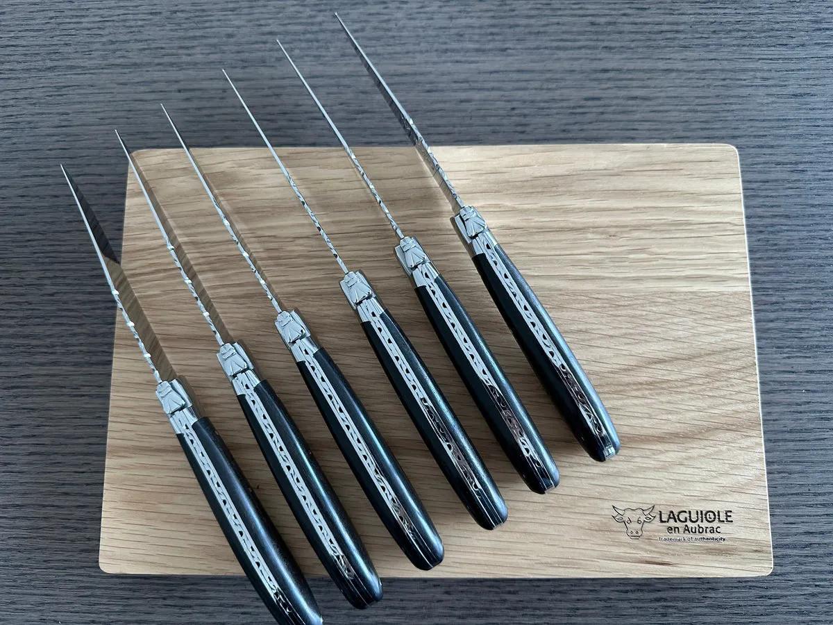 Laguiole en Aubrac Handcrafted Crocus 6-Piece Steak Knife Set With Ebony Wood Handles