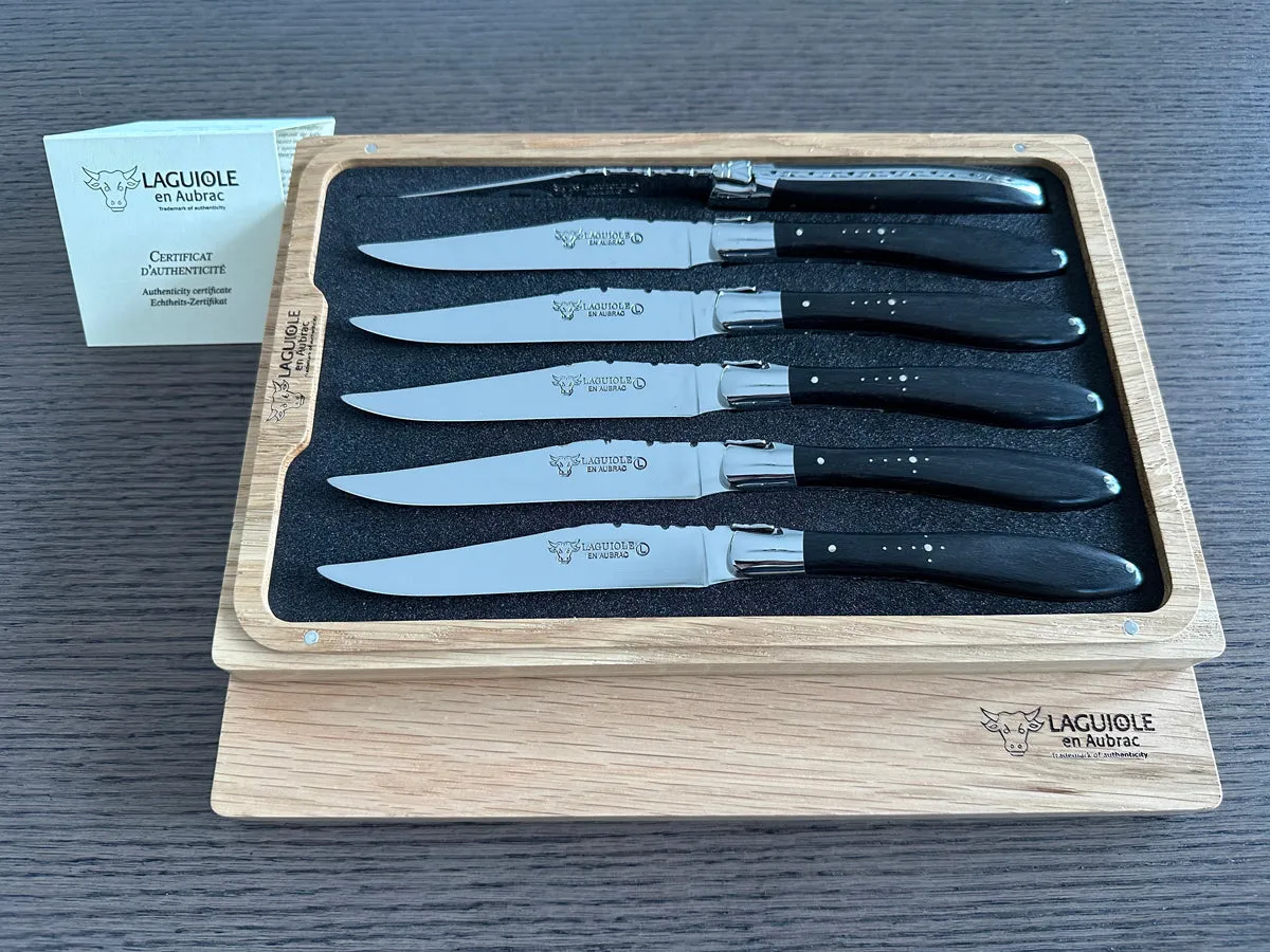 Laguiole en Aubrac Handcrafted Crocus 6-Piece Steak Knife Set With Ebony Wood Handles