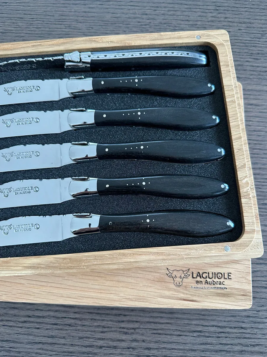 Laguiole en Aubrac Handcrafted Crocus 6-Piece Steak Knife Set With Ebony Wood Handles