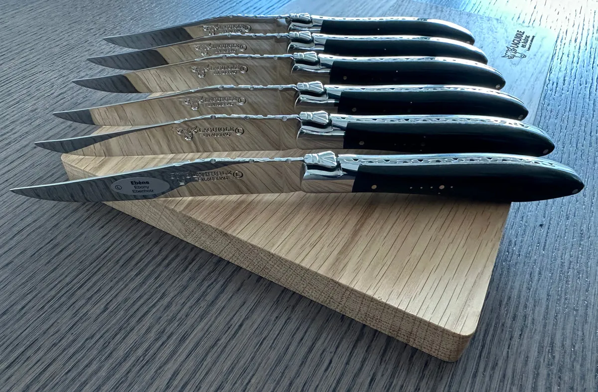 Laguiole en Aubrac Handcrafted Crocus 6-Piece Steak Knife Set With Ebony Wood Handles