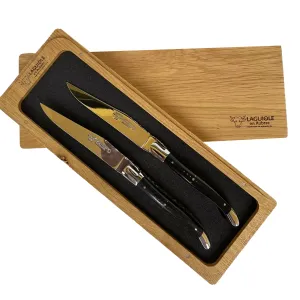 Laguiole en Aubrac Luxury Handcrafted Stainless Steel & Brass Double Plate 2-Piece Steak Knife Set with Ebony Wood Handles