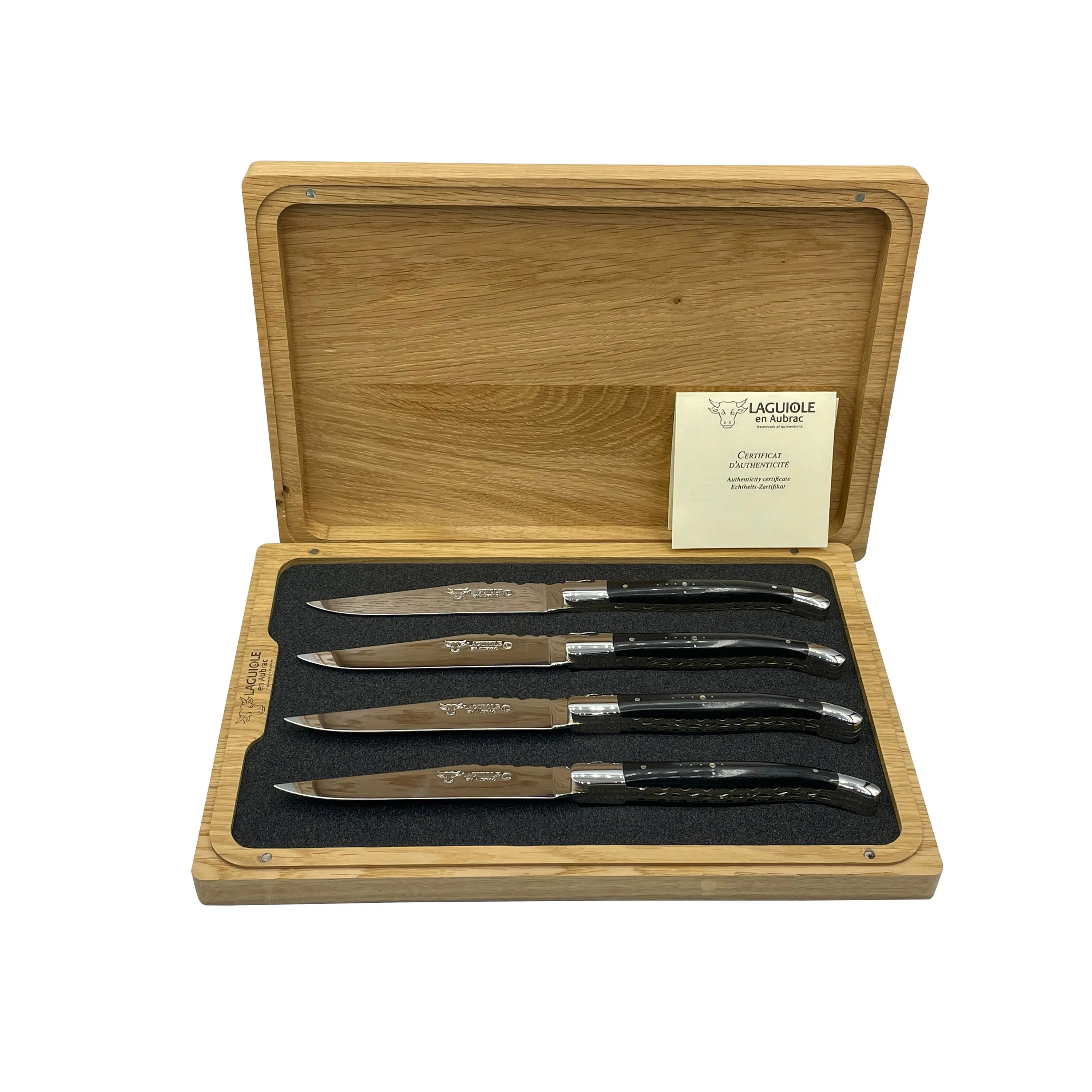 Laguiole en Aubrac Luxury Handcrafted Stainless Steel & Brass Double Plate 4-Piece Steak Knife Set with Ebony Wood Handles