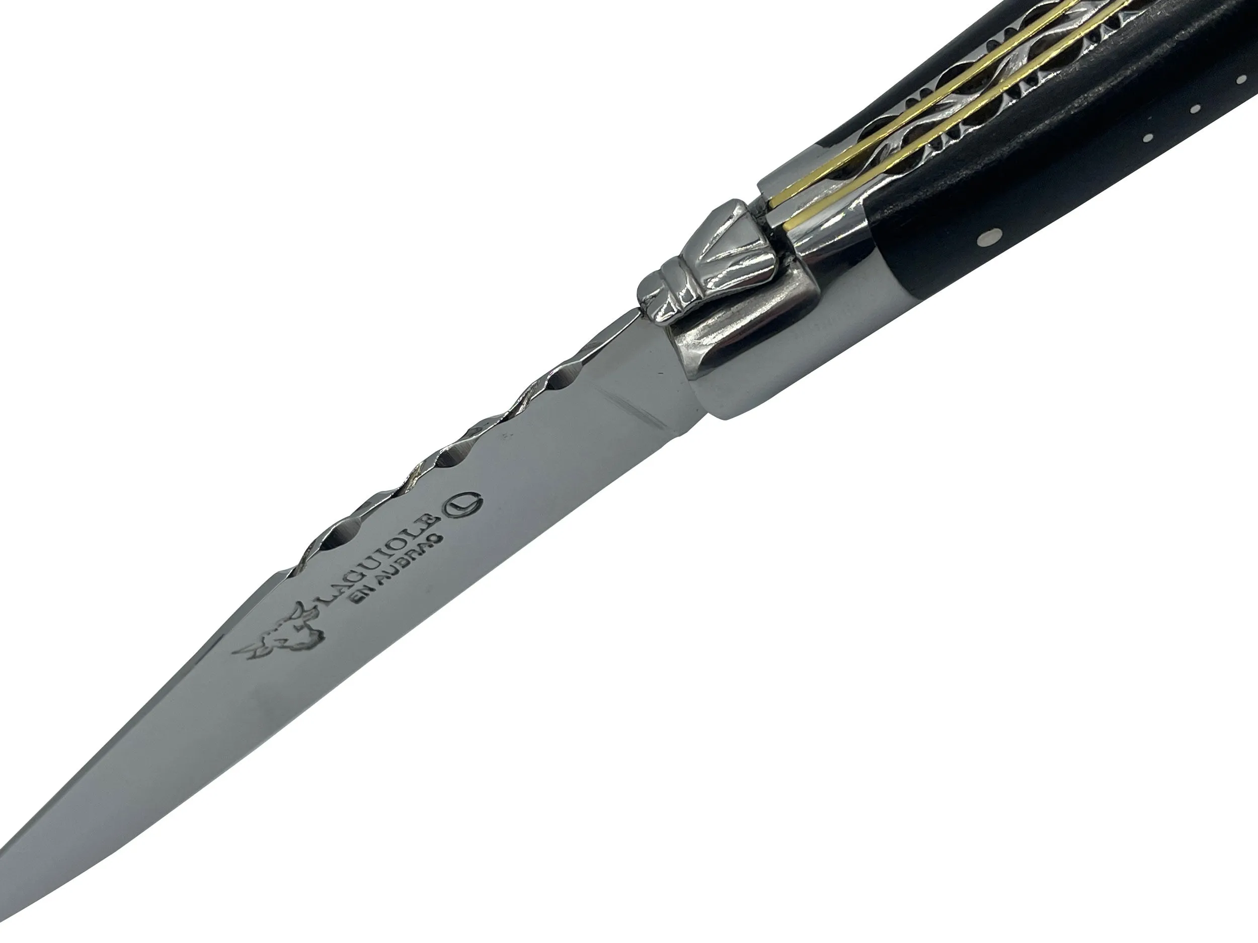 Laguiole en Aubrac Luxury Handcrafted Stainless Steel & Brass Double Plate 4-Piece Steak Knife Set with Ebony Wood Handles