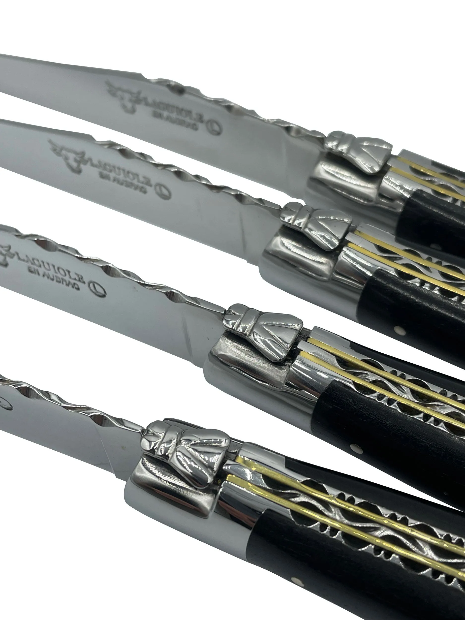 Laguiole en Aubrac Luxury Handcrafted Stainless Steel & Brass Double Plate 4-Piece Steak Knife Set with Ebony Wood Handles