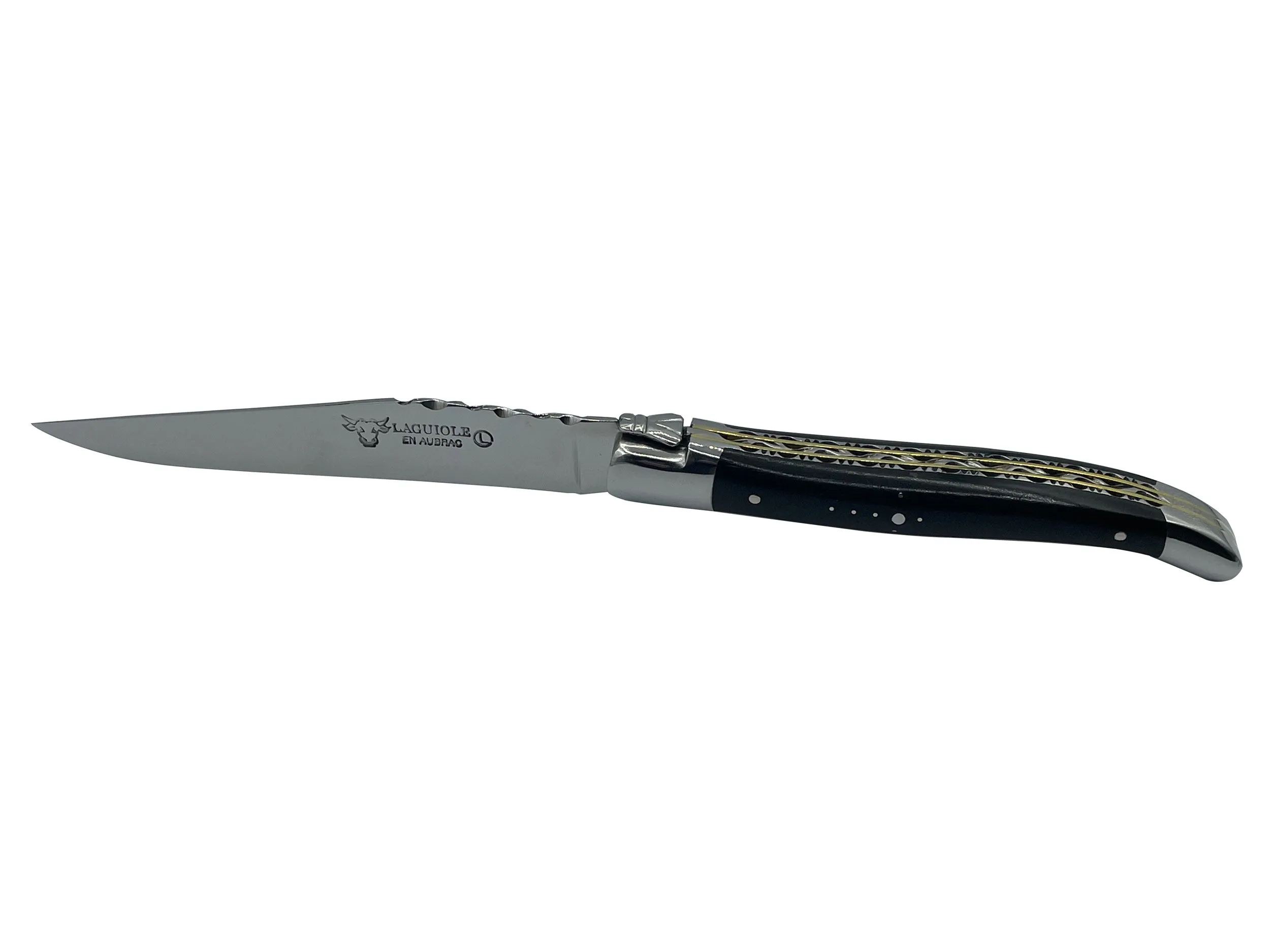 Laguiole en Aubrac Luxury Handcrafted Stainless Steel & Brass Double Plate 4-Piece Steak Knife Set with Ebony Wood Handles